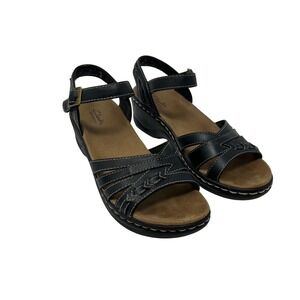 Clarks Bendables Black Leather Wedge Sandals Strappy Ankle Strap Womens 7.5